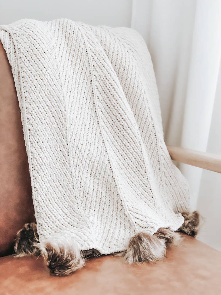 Throw Blanket | Cream with Faux Fur Poms