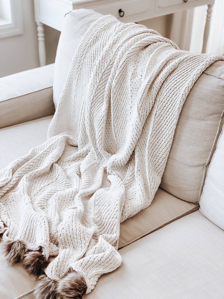 Throw Blanket | Cream with Faux Fur Poms