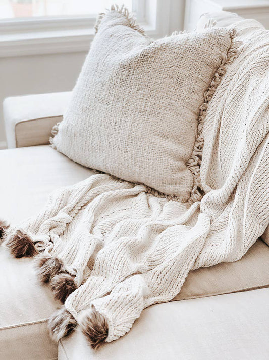 Throw Blanket | Cream with Faux Fur Poms