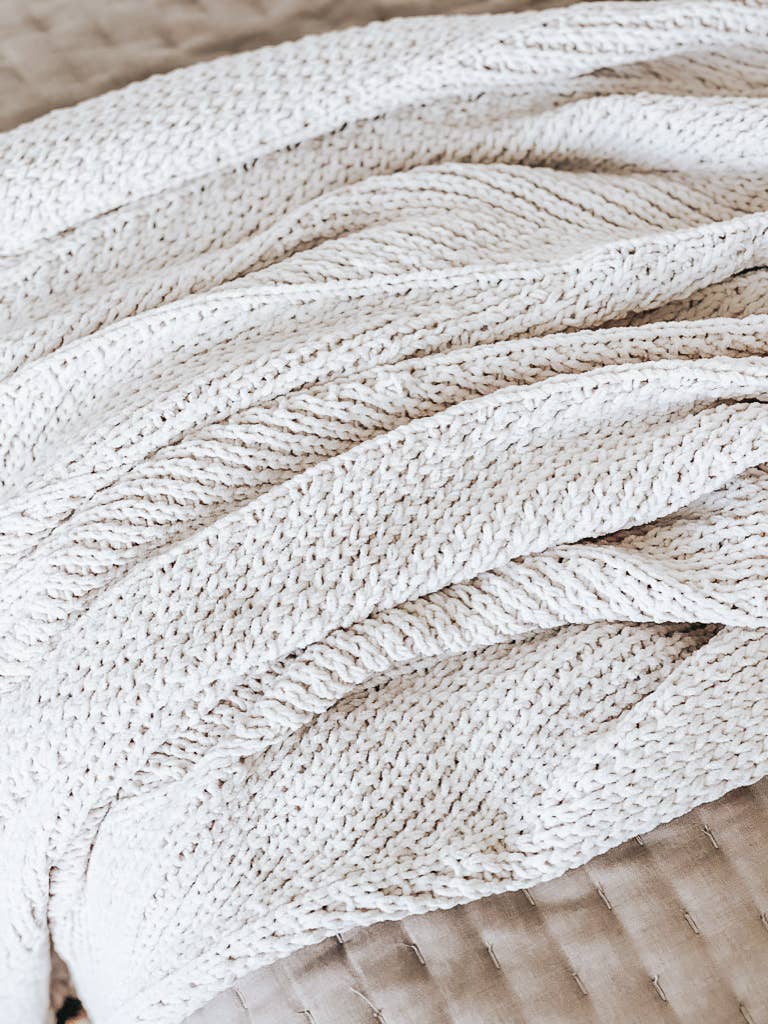 Throw Blanket | Cream with Faux Fur Poms