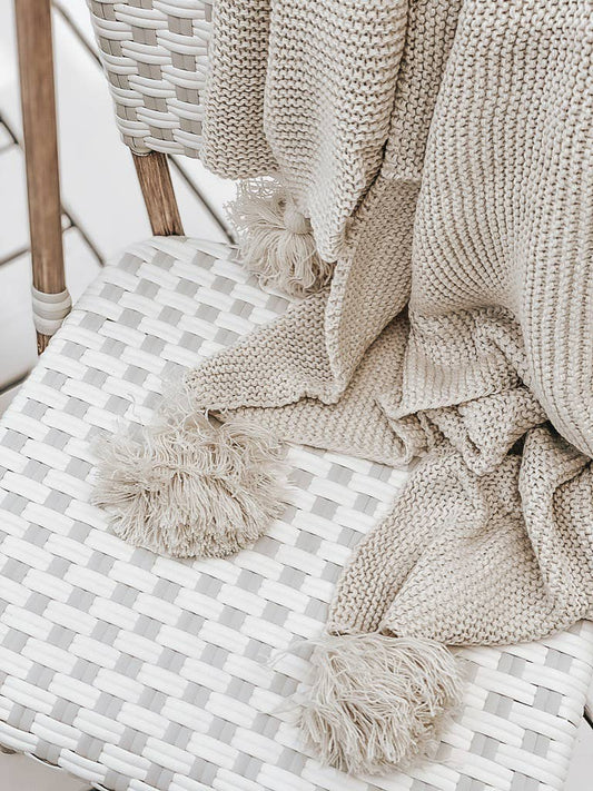 Knit Throw Blanket | Cream with Tassels