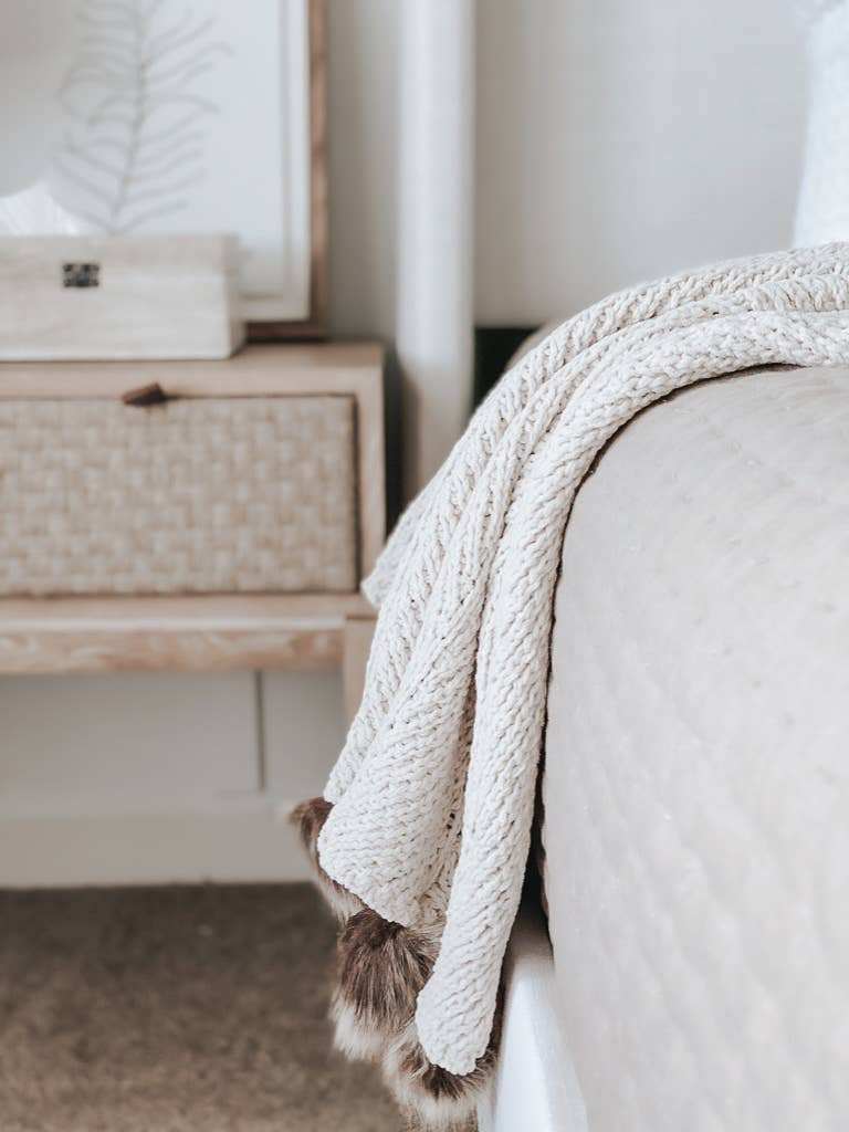 Throw Blanket | Cream with Faux Fur Poms