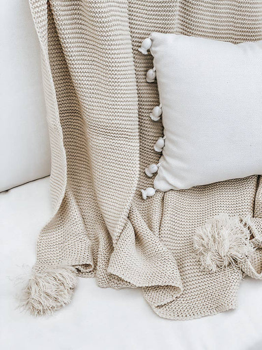 Knit Throw Blanket | Cream with Tassels