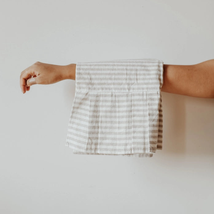 Striped Tea Towel with Ruffle, Tan