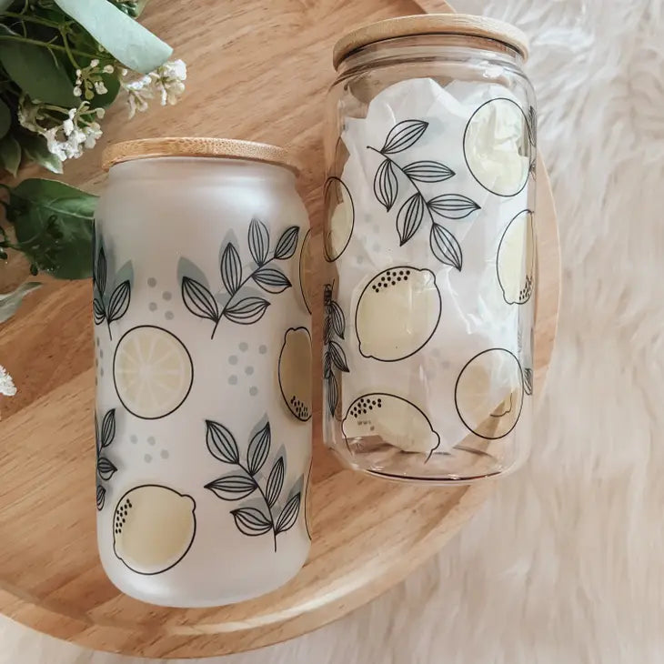 Glass Tumbler with Bamboo Lid | Lemon, Clear Glass
