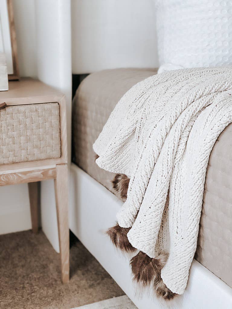 Throw Blanket | Cream with Faux Fur Poms