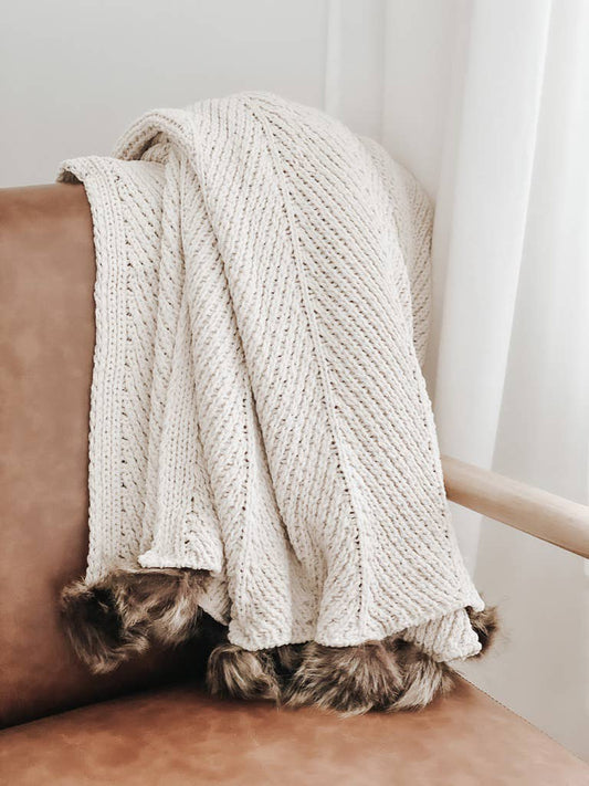 Throw Blanket | Cream with Faux Fur Poms